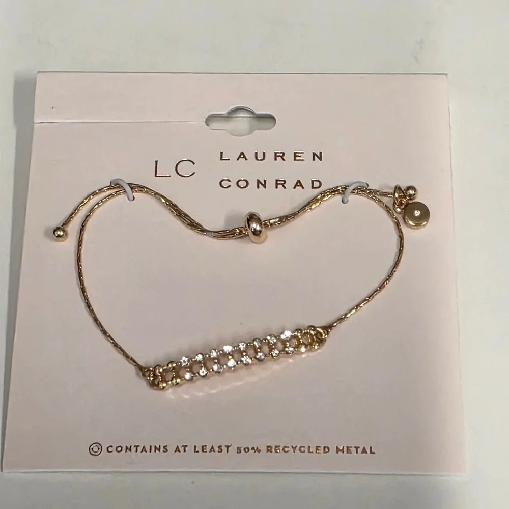 LC Lauren Conrad Gold Tone Crystal Bar Adjustable Bolo Slider Bracelet NEW